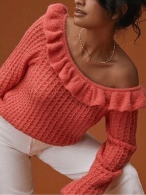 Anthropologie Sweater Ruffled Open Neck Jumper Cozy Soft Coral Pink Waffle Knit